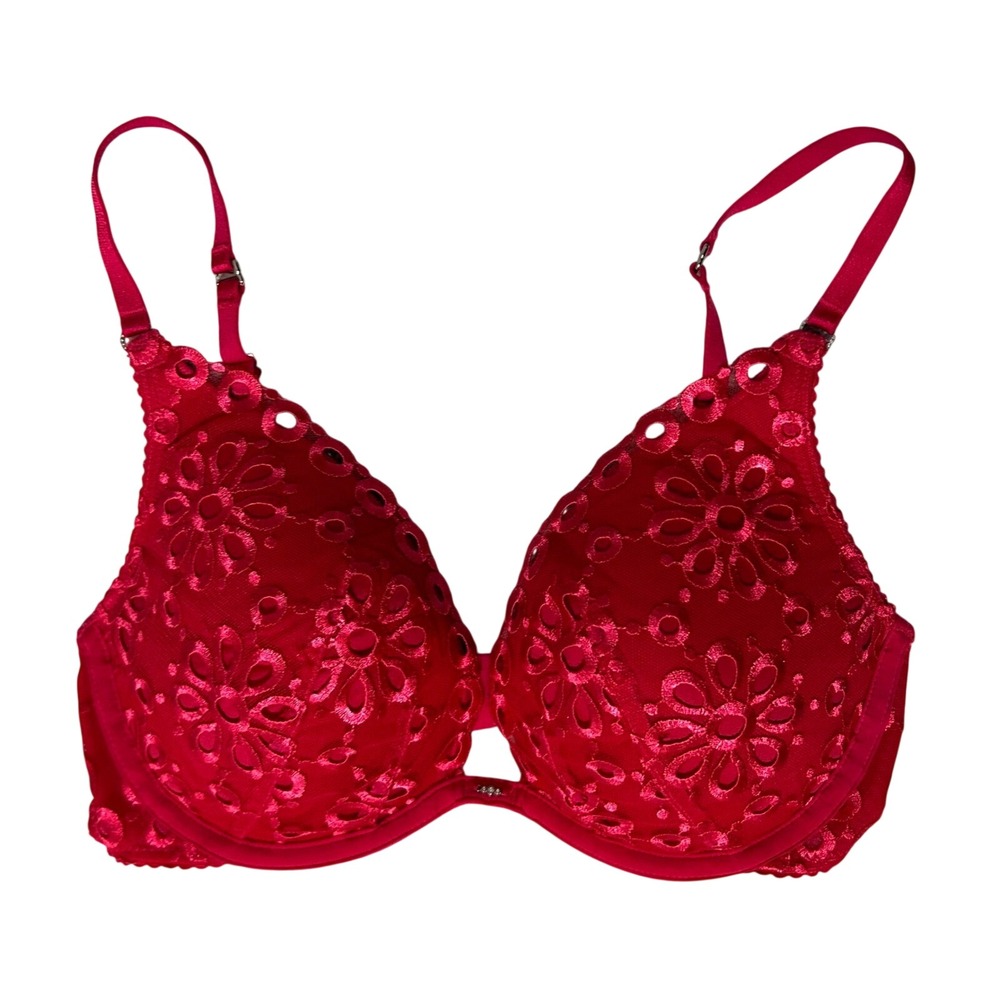Victoria's Secret Eyelet Push-Up Pigeonnant Bra Hot Pink Embroidered Lace 32D